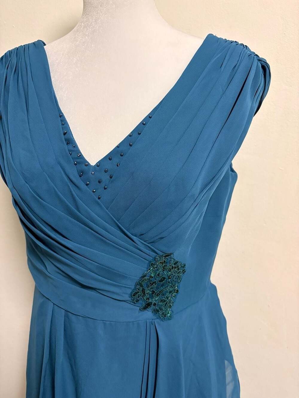 Teal Blue Chiffon Formal Midi Dress Beaded Ruched Evening Mother of the Bride